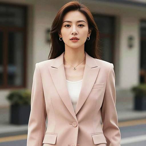 Photograph of an attractive East Asian woman with long brown hair, wearing a light pink blazer over a white top, standing confidently on a street with
