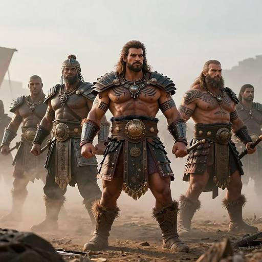 Photorealistic CGI of muscular, bearded, tribal warriors with dark brown armor, fur skirts, and metal accessories, standing in dusty, sunlit