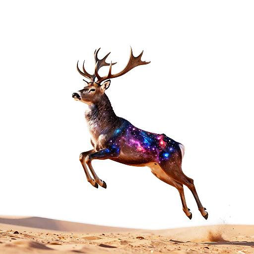 Photograph of a leaping deer with colorful, galaxy-like patterns on its body, set against a bright white background with sandy ground at the bottom.