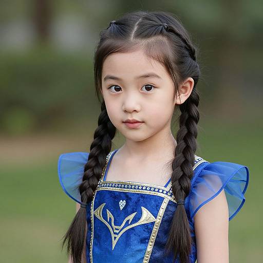 Photograph of an Asian girl with long, braided black hair, wearing a blue dress with gold embroidery and sheer sleeves, standing against a blurred green