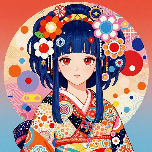 Vibrant Murakami-Style Female Portrait