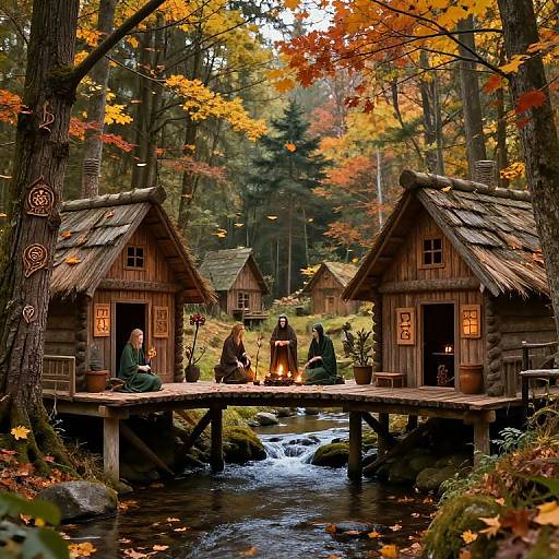 Photograph of a serene forest scene with two wooden, thatched-roof cabins, glowing lanterns, autumn leaves, a wooden bridge over a flowing