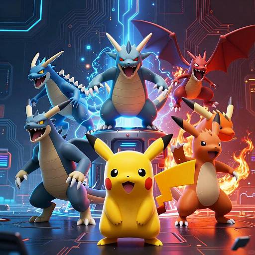 Digital art of Pokémon battle: Pikachu front, four Dragonite with blue and red flames, futuristic neon background, electric and fire effects.