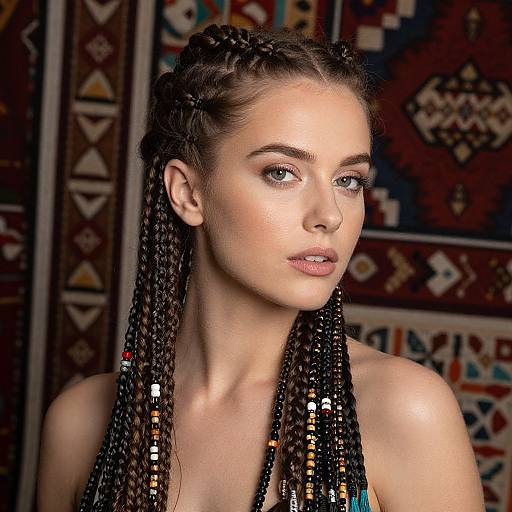 Photograph of a young woman with light skin, blue eyes, and black beaded box braids, against a patterned, colorful background.