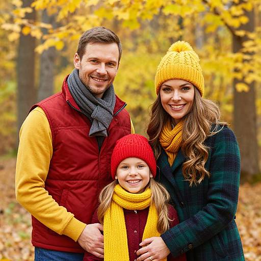 Photograph of a smiling family in autumn; father in red vest and yellow shirt, mother in black coat, yellow scarf and hat, daughter in red
