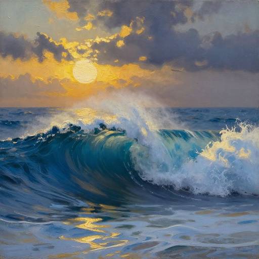 Vivid digital painting of a dramatic ocean wave crashing, illuminated by a golden sunset, with dark clouds overhead.