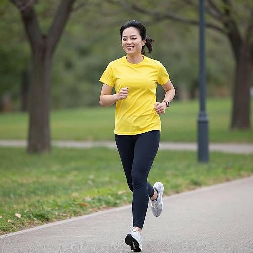 Photograph of a smiling Asian woman with black hair in a yellow T-shirt, black leggings, and white sneakers, jogging on a park path with green