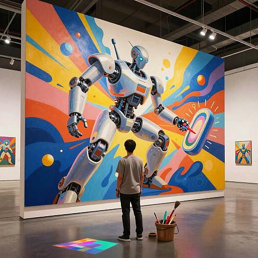 Man Viewing Vibrant Robot Mural in Art Gallery