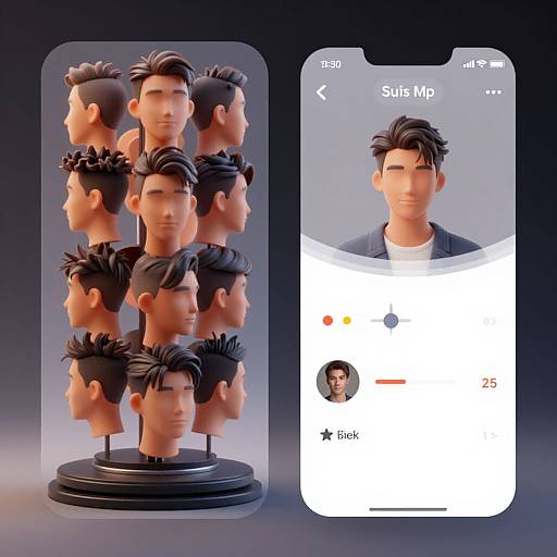 Photograph of 12 3D head models on a stand next to a smartphone screen showing a 
