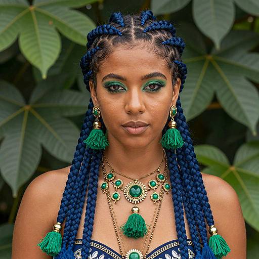 Woman with Dark Blue Braids and Green Jewelry