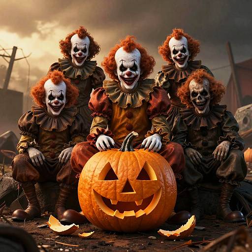 Photograph of five creepy, white-faced, red-haired clowns with sinister grins, wearing ruffled collars, kneeling around a carved, glowing