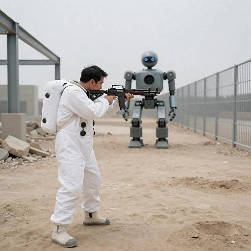 Space Warrior Faces Robotic Adversary