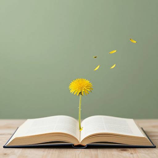 Photograph of a single yellow dandelion stem emerging from an open book, with petals floating upward against a green background.
