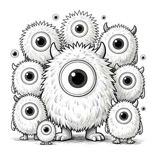 Black and white digital drawing of six fluffy, eye-covered creatures with large, round eyes and small horns, standing closely together.