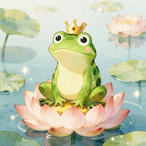 Cartoon-style frog with a small golden crown sits regally on a pink lotus flower in a sparkly pond.