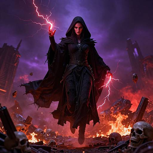 Digital artwork of a hooded, dark-robed witch with glowing red lightning in each hand, standing amid a fiery, skull-filled, ruined cityscape