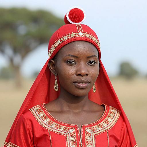 Photograph of a young African woman with dark skin, wearing a red traditional dress and headscarf with gold embroidery, and a red pom-pom