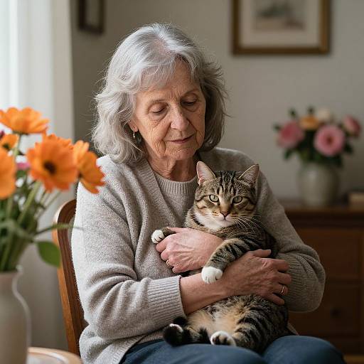 Photograph of an elderly woman with gray hair, wearing a gray sweater, gently holding a tabby cat, surrounded by orange and pink flowers in a