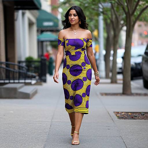 Photograph of a confident woman with medium skin tone, black wavy hair, wearing an off-shoulder, yellow and purple patterned dress,