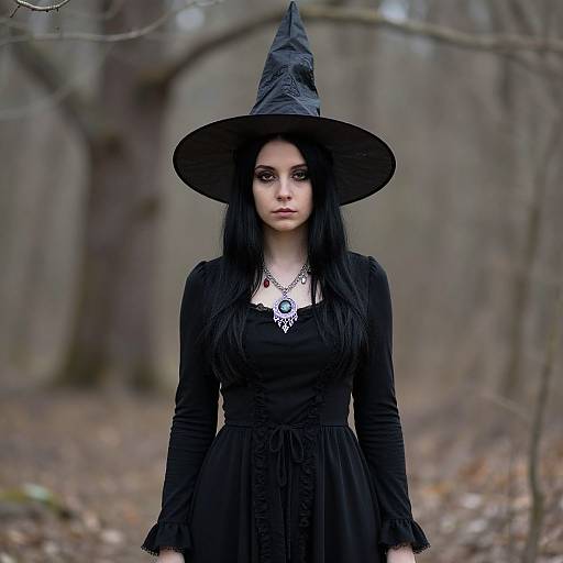 Photograph of a pale-skinned woman with long black hair and intense eyes, wearing a large black witch hat and dress, standing in a blurred,