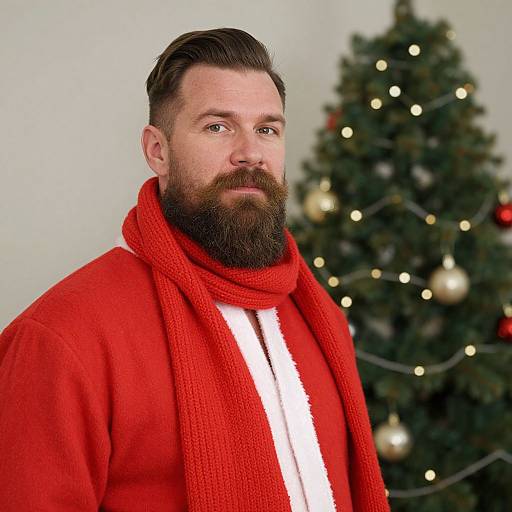 Photograph of a bearded man with brown hair, wearing a red sweater and scarf, standing in front of a decorated Christmas tree.