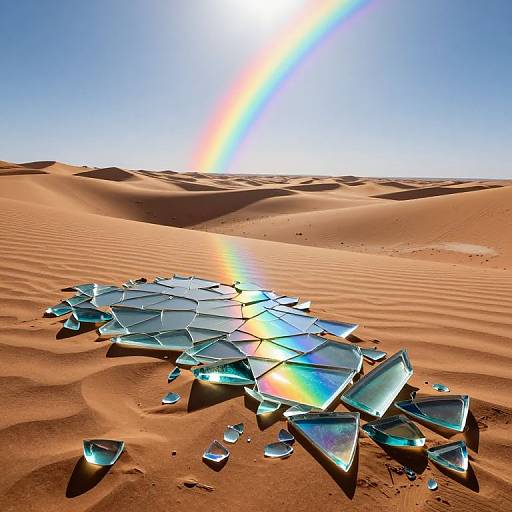 Photograph of shattered glass pieces reflecting sunlight, scattered on orange sand dunes under a clear blue sky with a bright sun and rainbow.