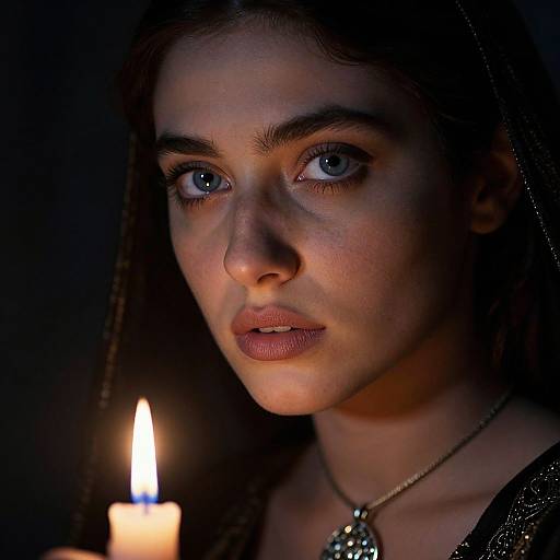 Close-up photograph of a young woman with blue eyes, dark hair, and a somber expression, illuminated by a single candle flame. She wears a