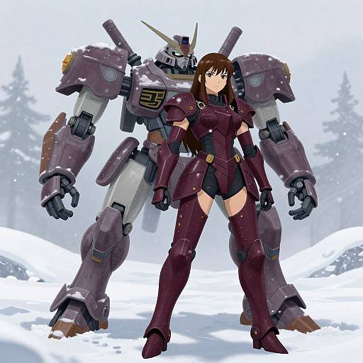 Digital anime-style artwork of a brown-haired woman in dark purple mecha armor standing beside a large, purple and white mech in a snowy forest.