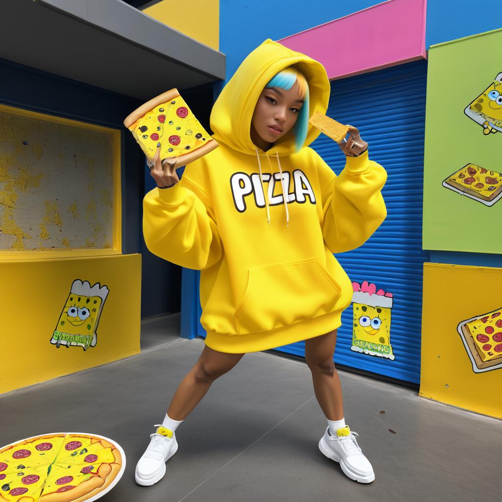 Hip-Hop SpongeBob Character with Pizza