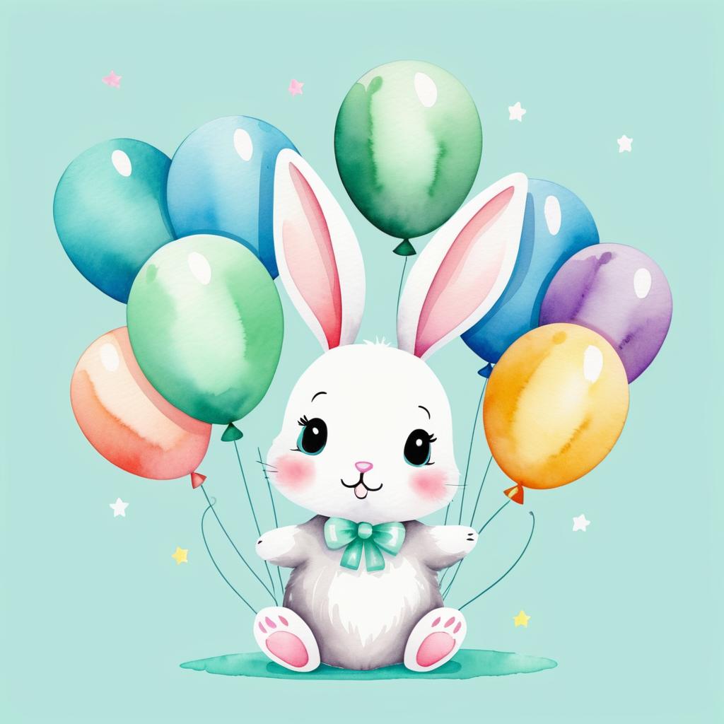 Kawaii Rabbit with Balloons Watercolor Art