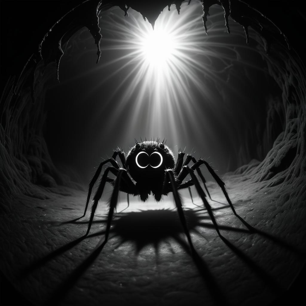 Surreal Fisheye Spider in Dark Cave