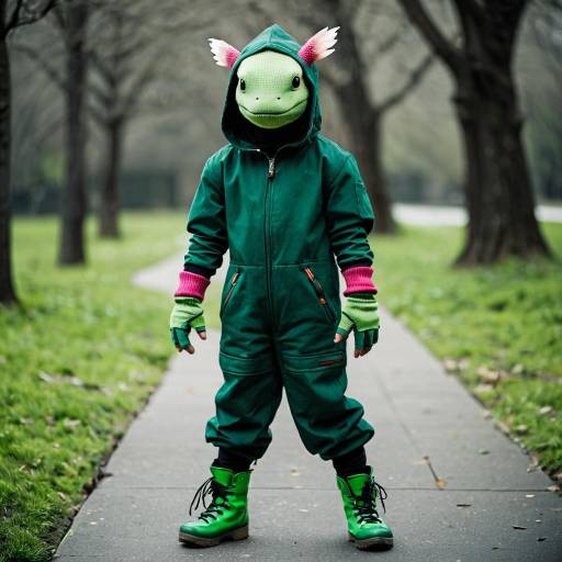 Boy in Green Axolotl Costume Outdoors