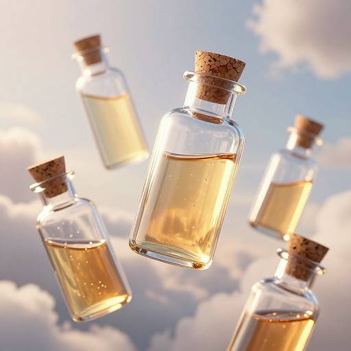 Photograph of five clear glass bottles with cork stoppers, each filled with golden liquid, floating against a bright sky with fluffy clouds.