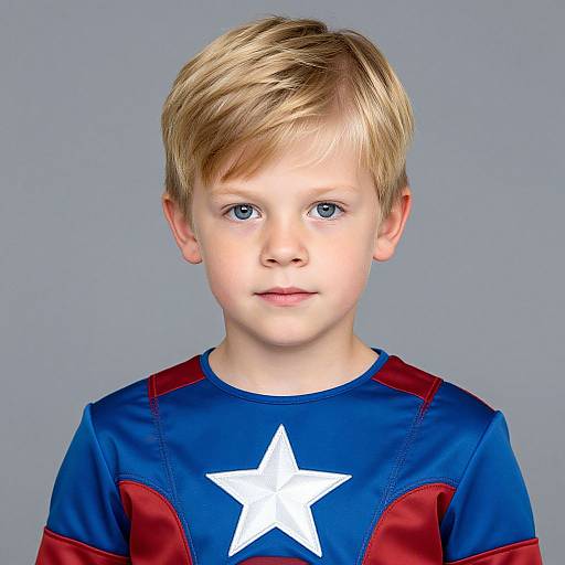 Photograph of a young boy with blond hair, blue eyes, wearing a blue superhero shirt with a white star and red accents.