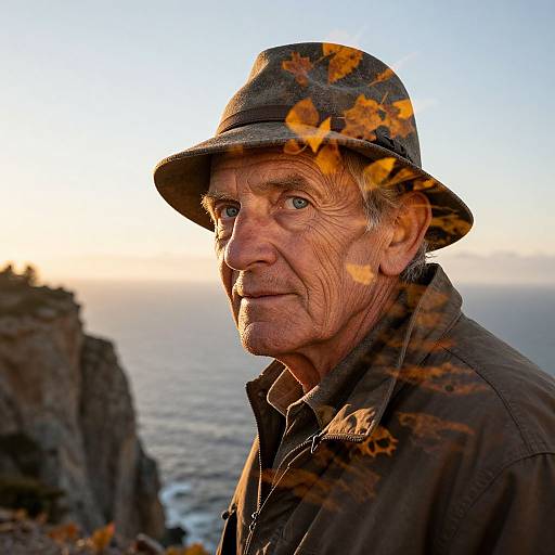 Photograph of an elderly man with wrinkled skin, wearing a dark fedora and brown jacket, standing by a rocky ocean cliff at sunset, with