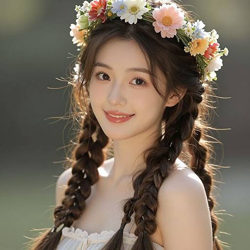 Photograph of an Asian woman with long braided hair, wearing a floral crown, white lace top, smiling softly in sunlight, blurred green background.