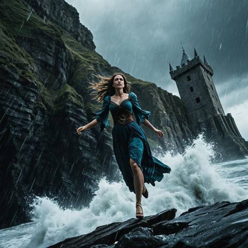 Sorceress Fleeing Collapsing Tower on Stormy Cliffside