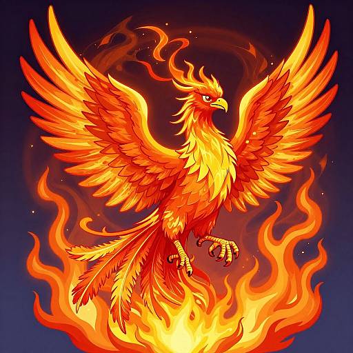 Digital artwork of a vibrant, fiery phoenix with wide wings, bright orange and yellow feathers, standing in a blazing inferno against a dark blue background.