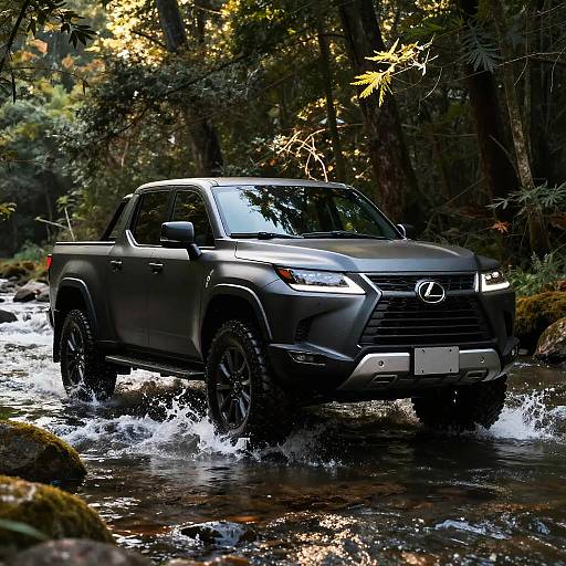 Photograph of a black, rugged Toyota pickup truck splashing through a shallow, sunlit forest stream, surrounded by dense greenery.