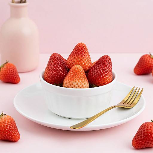 Photograph of a white bowl filled with vibrant red strawberries, gold fork, and a blurred pink vase on a white background.