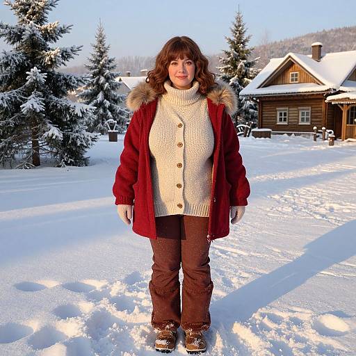 Photograph of a smiling woman with wavy brown hair, wearing a red coat, cream knit turtleneck, brown pants, and boots, standing