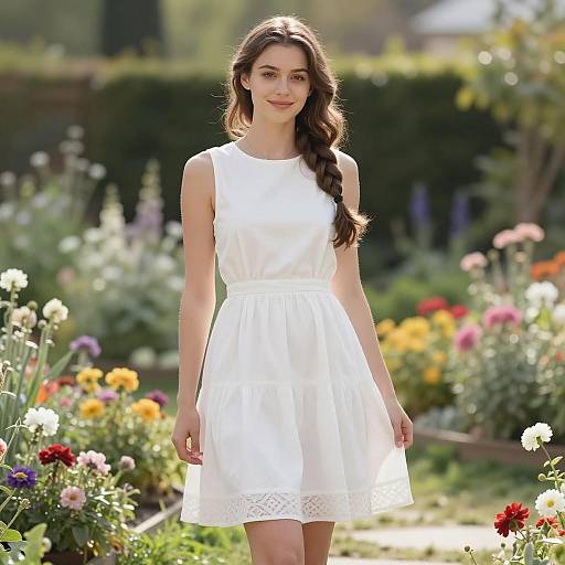 Young Woman in White Dress in Flower Garden