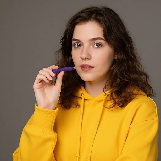 Woman in Yellow Hoodie with Crayon
