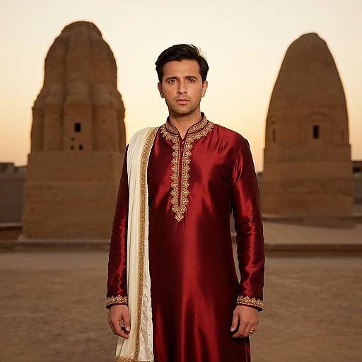 Photograph of a serious-looking man with short black hair, wearing a maroon traditional Pakistani kurtah with gold embroidery and white sash, standing
