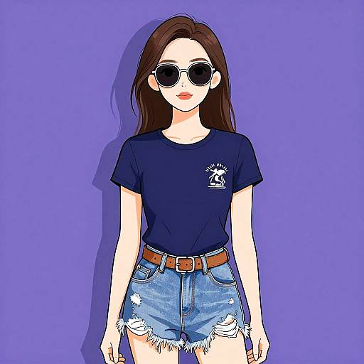 Digital anime-style drawing of a young woman with long brown hair, wearing a black t-shirt, blue distressed denim shorts, brown belt, and round sunglasses