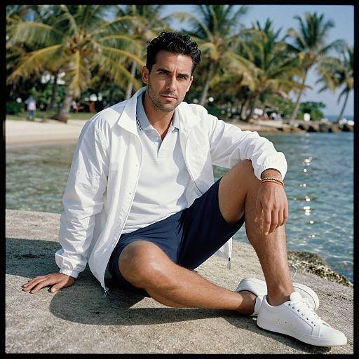 Photograph of a handsome, dark-haired man in a white shirt, dark shorts, and white sneakers, sitting on a beach rock with palm trees and
