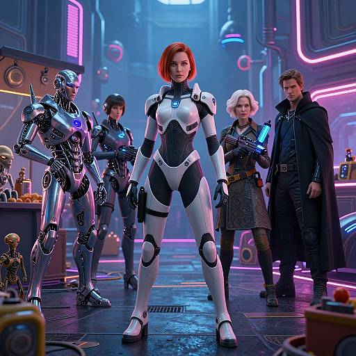 Neon Cyberpunk Scene with Diverse Characters