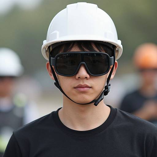 Photograph of a young Asian man wearing a white hard hat, large black sunglasses, and black shirt, with blurred background and indistinct figures.