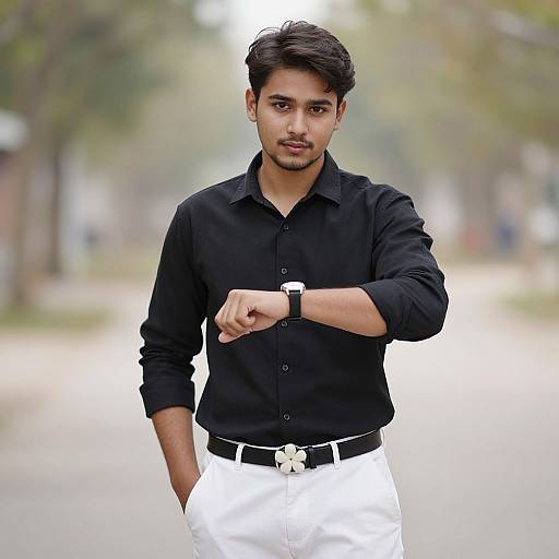 Photograph of a young South Asian man with dark hair and beard, wearing a black shirt, white pants, and black belt, pointing at a smart