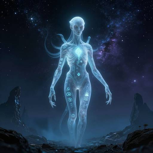 Digital art: Glowing, semi-transparent, blue humanoid figure with cybernetic markings, floating in a starry, cosmic landscape with rocky terrain.